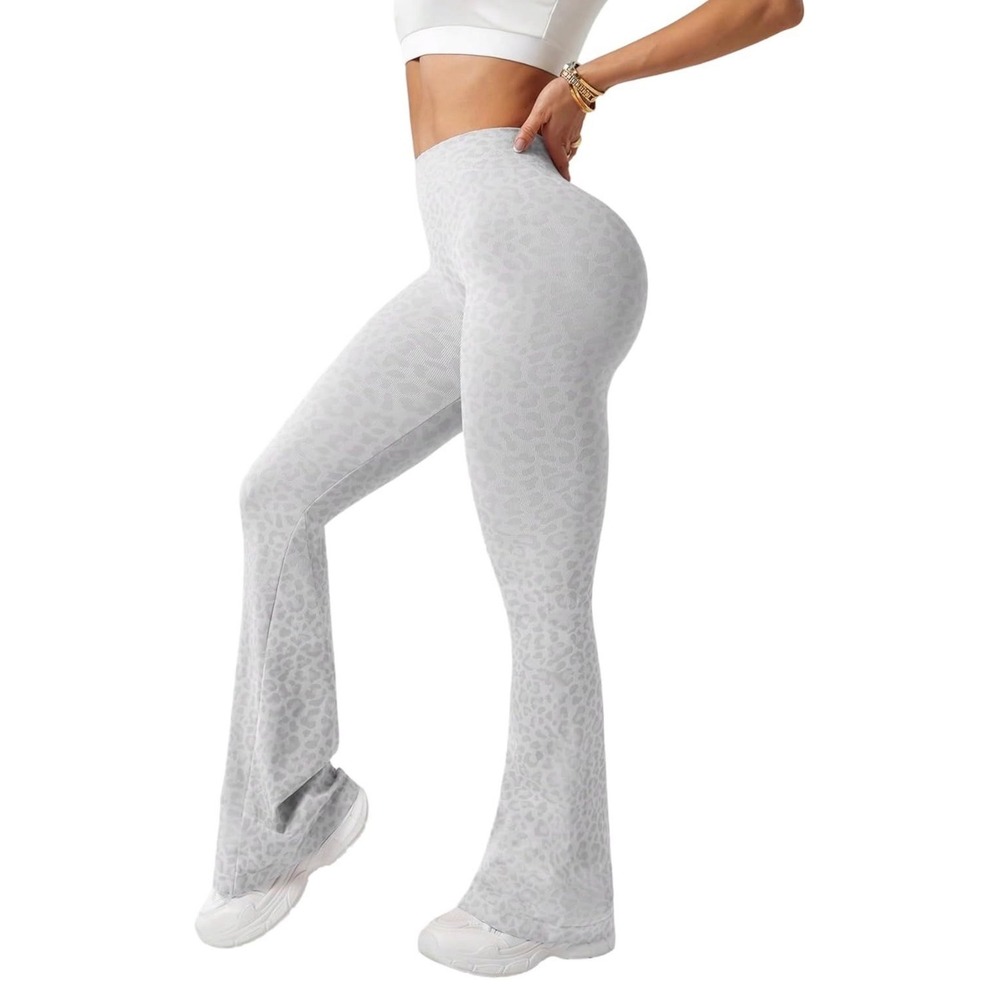 SHENHE Womens Flare Leggings Leopard Print High Waisted Yoga Pants Light Grey M